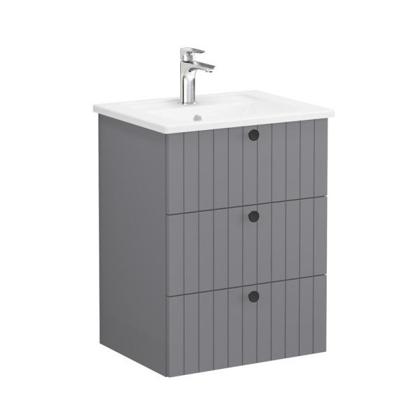 Vitra Root Groove 69473 Lavabo Dolabı, Üç Çekmeceli, 60 Cm, Mat Gri, Köşeli Lavabolu
