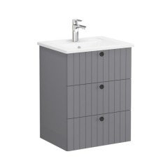 Vitra Root Groove 69473 Lavabo Dolabı, Üç Çekmeceli, 60 Cm, Mat Gri, Köşeli Lavabolu