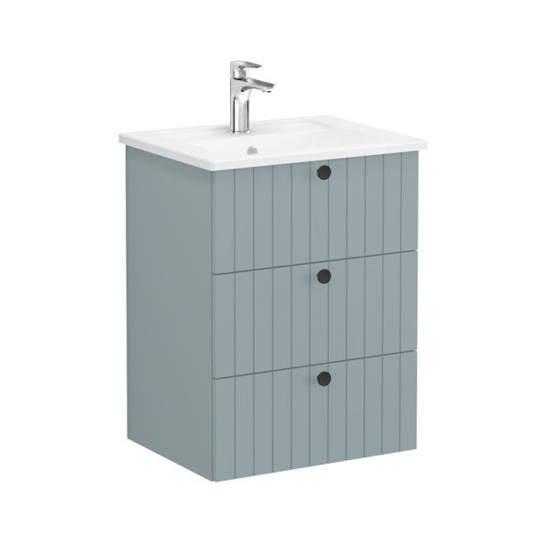 Vitra Root Groove 69474 Lavabo Dolabı, Üç Çekmeceli, 60 Cm, Mat Fiyord Yeşili, Köşeli Lavabolu