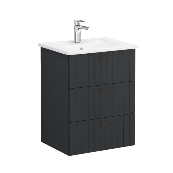 Vitra Root Groove 69475 Lavabo Dolabı, Üç Çekmeceli, 60 Cm, Mat Grafit, Köşeli Lavabolu