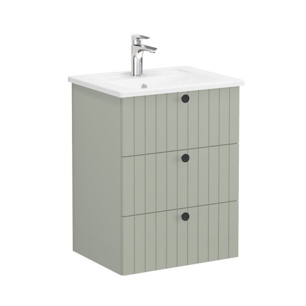 Vitra Root Groove 69477 Lavabo Dolabı, Üç Çekmeceli, 60 Cm, Mat Retro Yeşil, Köşeli Lavabolu