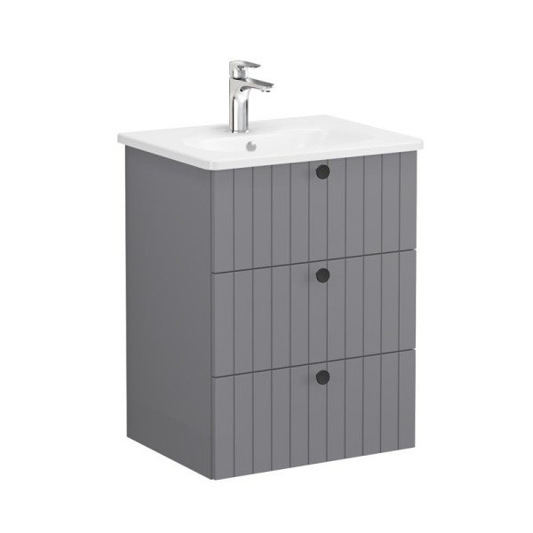 Vitra Root Groove 69480 Lavabo Dolabı, Üç Çekmeceli, 60 Cm, Mat Gri, Yuvarlak Lavabolu