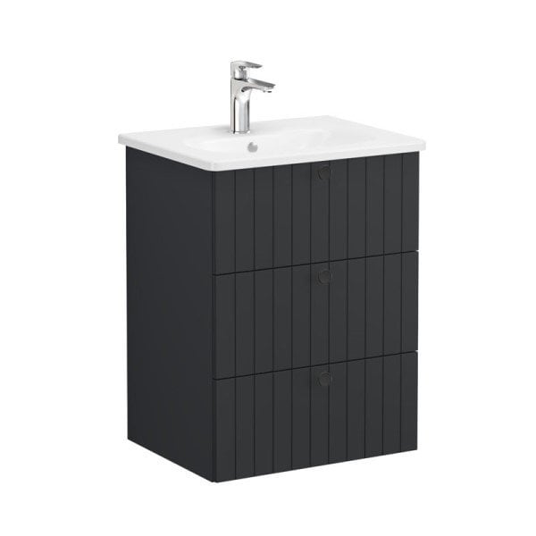 Vitra Root Groove 69482 Lavabo Dolabı, Üç Çekmeceli, 60 Cm, Mat Grafit, Yuvarlak Lavabolu