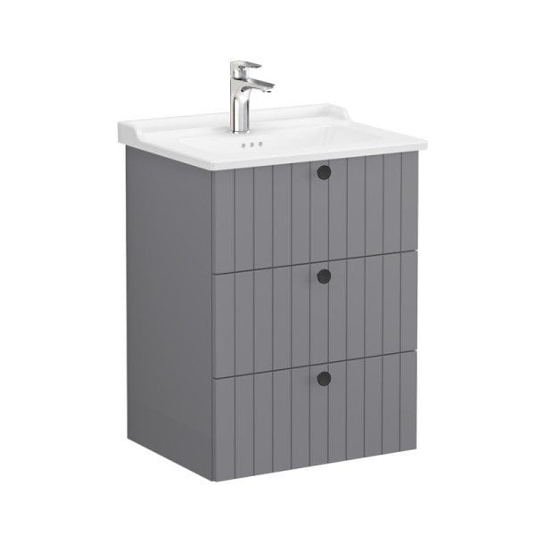 Vitra Root Groove 69487 Lavabo Dolabı, Üç Çekmeceli, 60 Cm, Mat Gri, Klasik Lavabolu