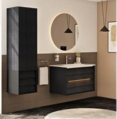 VitrA Frame 61229 Çift Çekmeceli Lavabo Dolabı 80 cm Mat Soft Siyah - Hareli Siyah Meşe