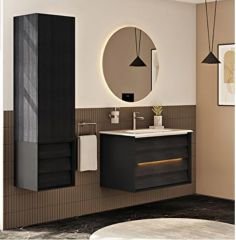 VitrA Frame 61229 Çift Çekmeceli Lavabo Dolabı 80 cm Mat Soft Siyah - Hareli Siyah Meşe