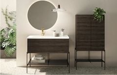 Vitra Equal 66522 Lavabo Dolabı 100 Cm, Asimetrik Lavabolu, Metal Ayaklı, Hareli Siyah Meşe
