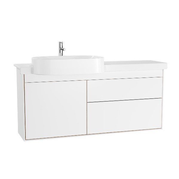 Vitra Voyage 62453 Lavabo Dolabı 130 cm, Seramik Etajerli lavabolu, Çekmeceli, Mat Beyaz & Doğal Meşe