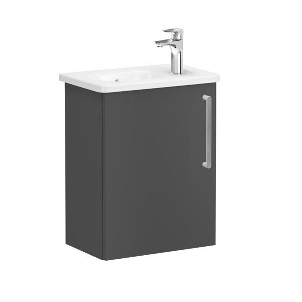 Vitra Root 68067 Lavabo Dolabı, Kapaklı, 45 Cm, Kompakt, Sağdan Armatür Delikli, Mat Fırtına Gri, Yuvarlak Lavabolu, Sol