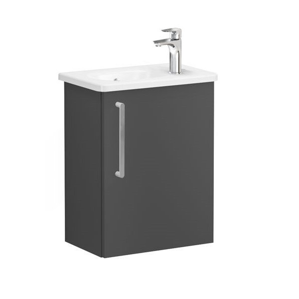 Vitra Root 68071 Lavabo Dolabı, Kapaklı, 45 Cm, Kompakt, Sağdan Armatür Delikli, Mat Fırtına Gri, Yuvarlak Lavabolu, Sağ