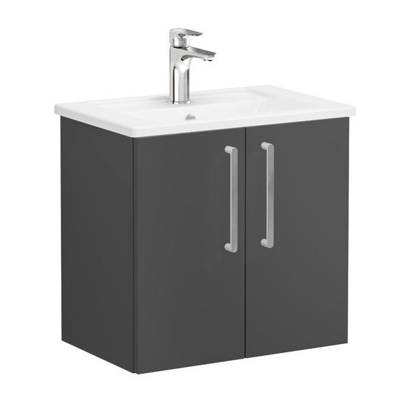 Vitra Root 68075 Lavabo Dolabı, Kapaklı, 60 Cm, Dar, Mat Fırtına Gri, Köşeli Lavabolu