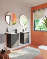 Vitra Root Classic 68606 Lavabo Dolabı, Kapaklı, 45 Cm, Kompakt, Sağdan Armatür Delikli, Mat Fiyord Yeşili, Köşeli Lavabolu, Sol