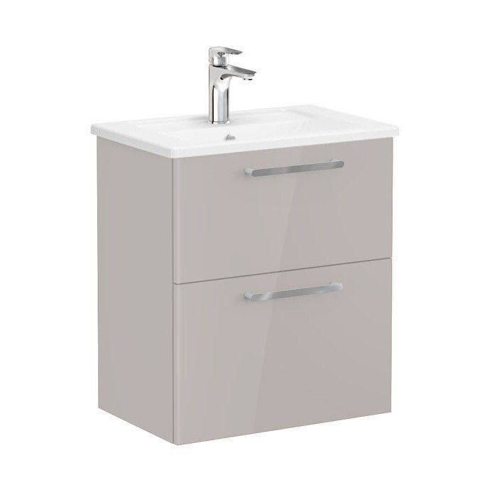 Vitra Root 68093 Lavabo Dolabı, Çift Çekmeceli, Dar, 60 Cm, Parlak Sahra Beji, Köşeli Lavabolu
