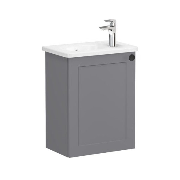 Vitra Root Classic 68619 Lavabo Dolabı, Kapaklı, 45 Cm, Kompakt, Sağdan Armatür Delikli, Mat Gri, Yuvarlak Lavabolu, Sol