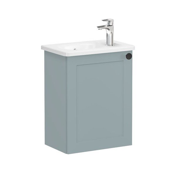 Vitra Root Classic 68620 Lavabo Dolabı, Kapaklı, 45 Cm, Kompakt, Sağdan Armatür Delikli, Mat Fiyord Yeşili, Yuvarlak Lavabolu, Sol
