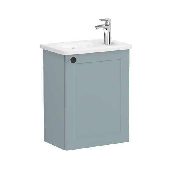 Vitra Root Classic 68627 Lavabo Dolabı, Kapaklı, 45 Cm, Kompakt, Sağdan Armatür Delikli, Mat Fiyord Yeşili, Yuvarlak Lavabolu, Sağ