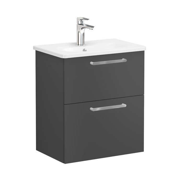 Vitra Root 68105 Lavabo Dolabı, Çift Çekmeceli, Dar, 60 Cm, Mat Fırtına Gri, Yuvarlak Lavabolu