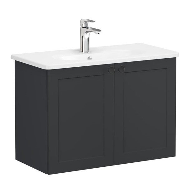 Vitra Root Classic 68656 Lavabo Dolabı, Kapaklı, 80 Cm, Dar, Mat Grafit, Yuvarlak Lavabolu