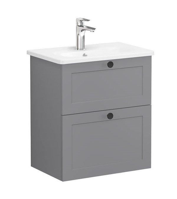 Vitra Root Classic 68668 Lavabo Dolabı, Çift Çekmeceli, 60 Cm, Dar, Mat Gri, Yuvarlak Lavabolu