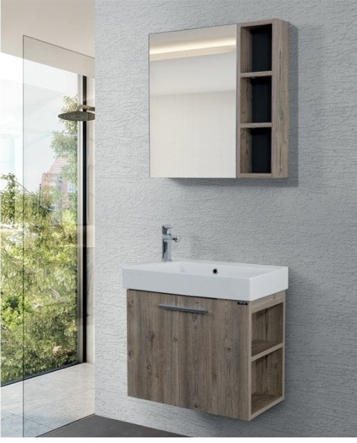 Lineart Trend 55 cm Dar Banyo Dolabı Gri Çam+Dolaplı Ayna