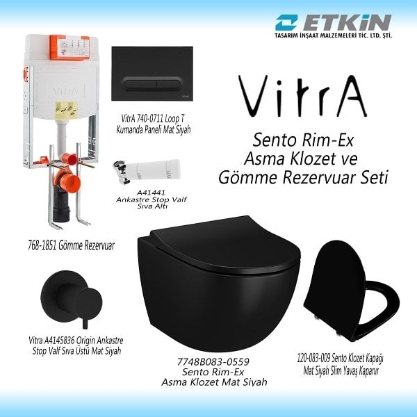 Vitra Sento 7748B083-0559 Rim-ex Asma Klozet ve Gömme Rezervuar Seti, Mat Siyah