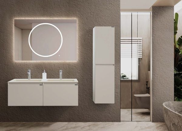 Lineart Bella 1400 Çift Lavabolu Banyo Dolabı + Ledli Ayna Bej