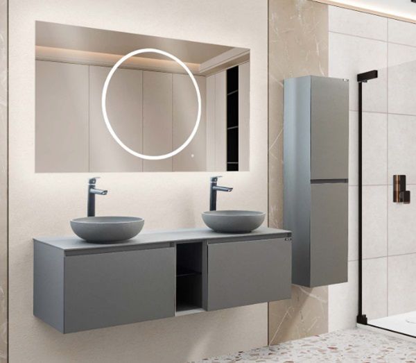 Lineart Royal Cırcle 1400 Çift Lavabolu Banyo Dolabı + Ledli Ayna Cement