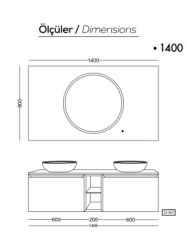 Lineart Royal Cırcle 1400 Çift Lavabolu Banyo Dolabı + Ledli Ayna Cement