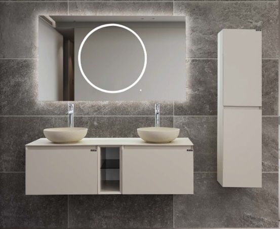 Lineart Royal Cırcle 1400 Çift Lavabolu Banyo Dolabı + Ledli Ayna Bej