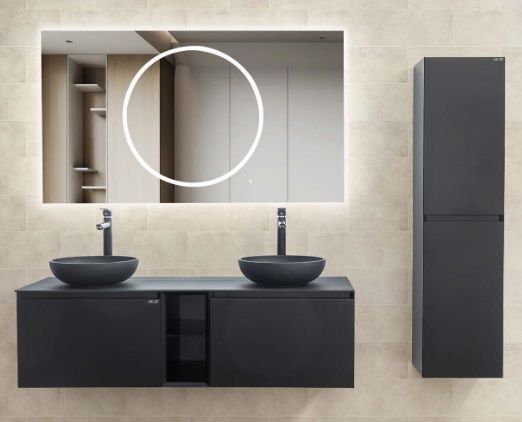 Lineart Royal Cırcle 1200 Çift Lavabolu Banyo Dolabı + Ledli Ayna Siyah