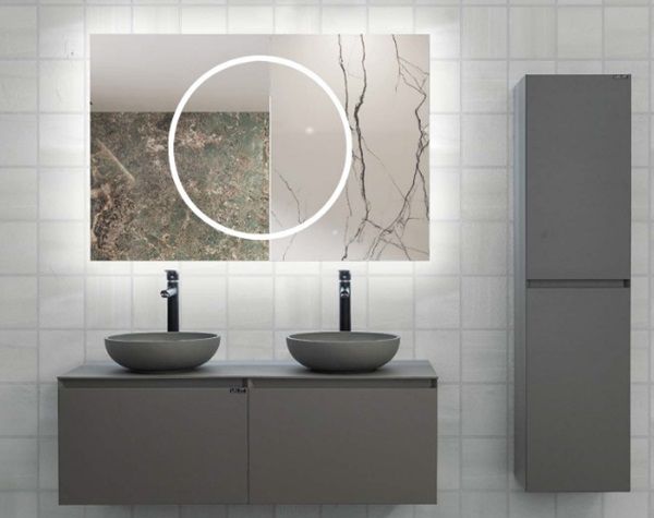 Lineart Royal Cırcle 1200 Çift Lavabolu Banyo Dolabı + Ledli Ayna Cement