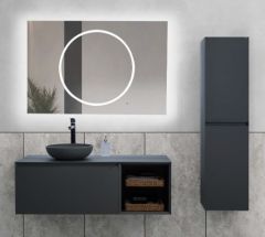 Lineart Royal Cırcle 1200 Sol Hazneli Banyo Dolabı + Ledli Ayna Siyah