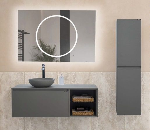 Lineart Royal Cırcle 1200 Sol Hazneli Banyo Dolabı + Ledli Ayna Cement