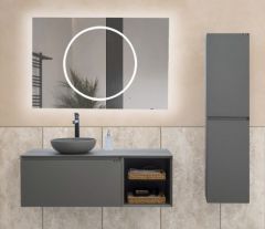 Lineart Royal Cırcle 1200 Sol Hazneli Banyo Dolabı + Ledli Ayna Cement