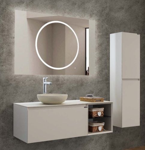 Lineart Royal Cırcle 1200 Sol Hazneli Banyo Dolabı + Ledli Ayna Bej
