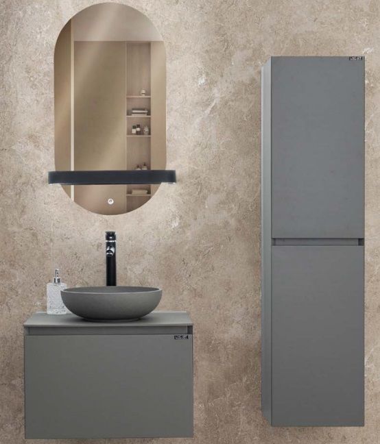 Lineart Royal Cırcle 600 Banyo Dolabı + Ledli Ayna Cement