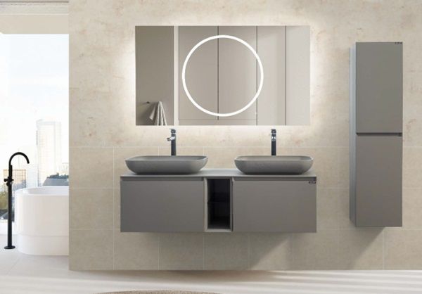 Lineart Royal Rect 1400 Çift Lavabolu Banyo Dolabı + Ledli Ayna Cement