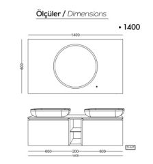 Lineart Royal Rect 1400 Çift Lavabolu Banyo Dolabı + Ledli Ayna Cement