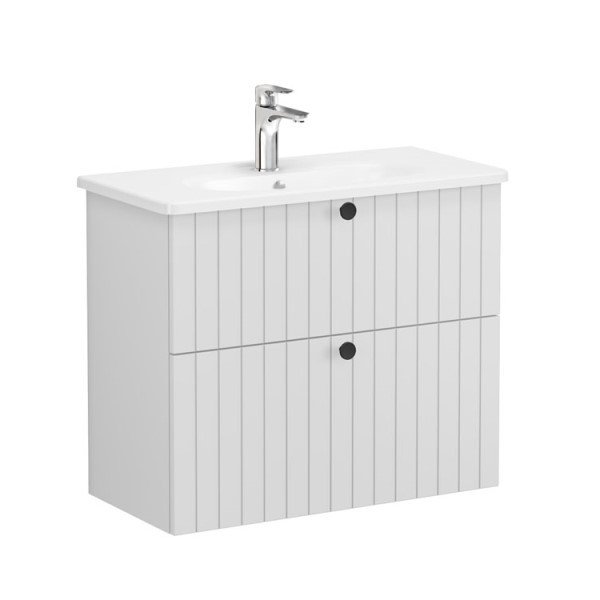 Vitra Root Groove 69255 Lavabo Dolabı, Çift Çekmeceli, Dar, 80 Cm, Mat Açık Gri, Yuvarlak Lavabolu