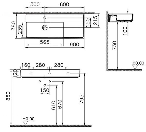 Vitra 7402B076-6277 ArchiPlan Metal Ayaklı Dar Lavabo 90 Cm Mat Taş Gri