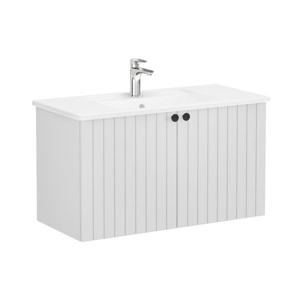 Vitra Root Groove 69304 Lavabo Dolabı, Kapaklı, 100 Cm, Mat Açık Gri, Köşeli Lavabolu