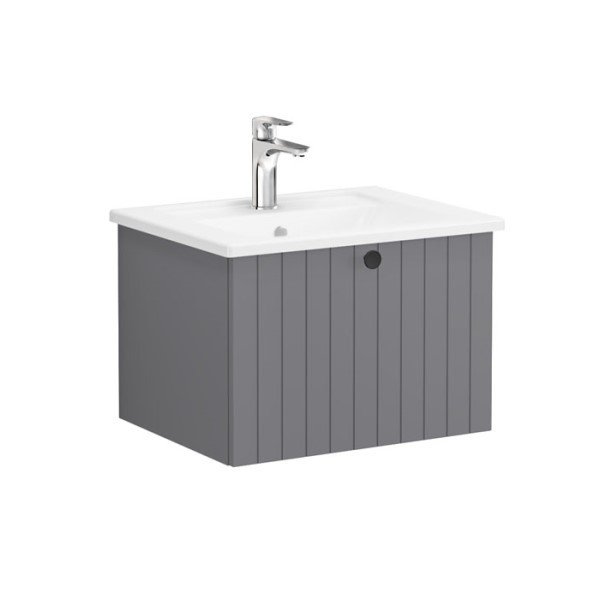 Vitra Root Groove 69347 Lavabo Dolabı, Tek Çekmeceli, 60 Cm, Mat Gri, Köşeli Lavabolu
