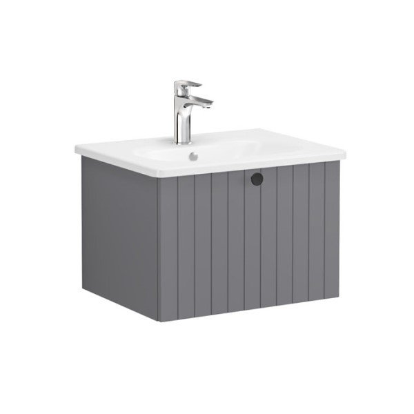 Vitra Root Groove 69354 Lavabo Dolabı, Tek Çekmeceli, 60 Cm, Mat Gri, Yuvarlak Lavabolu