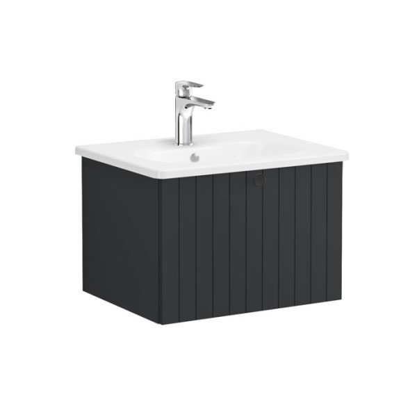 Vitra Root Groove 69356 Lavabo Dolabı, Tek Çekmeceli, 60 Cm, Mat Grafit, Yuvarlak Lavabolu