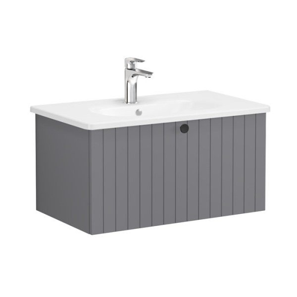 Vitra Root Groove 69375 Lavabo Dolabı, Tek Çekmeceli, 80 Cm, Mat Gri, Yuvarlak Lavabolu
