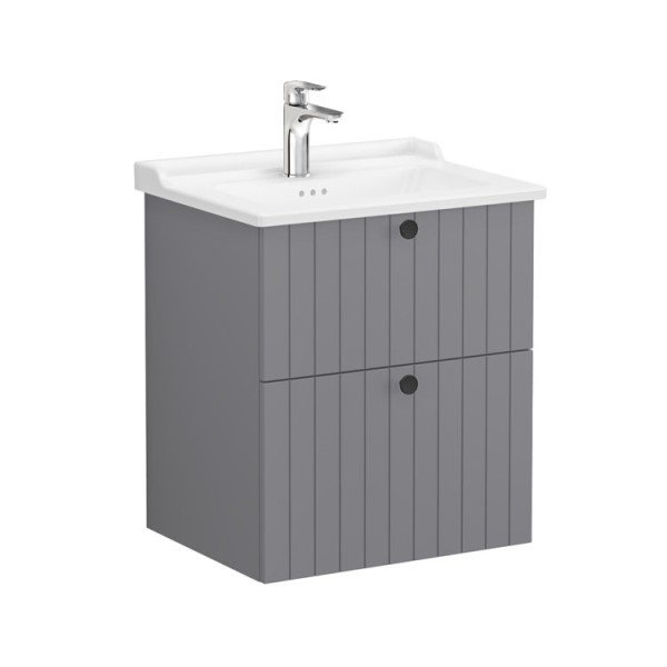 Vitra Root Groove 69424 Lavabo Dolabı, İki Çekmeceli, 60 Cm, Mat Gri, Klasik Lavabolu