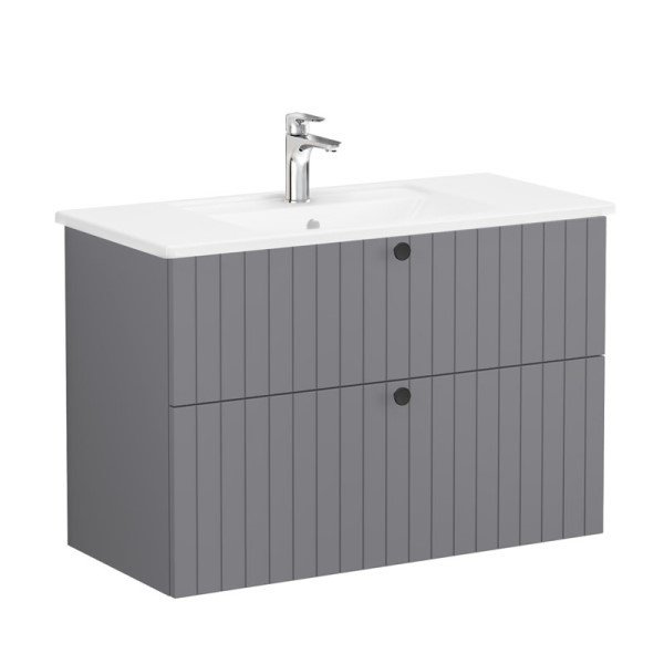 Vitra Root Groove 69452 Lavabo Dolabı, İki Çekmeceli, 100 Cm, Mat Gri, Köşeli Lavabolu