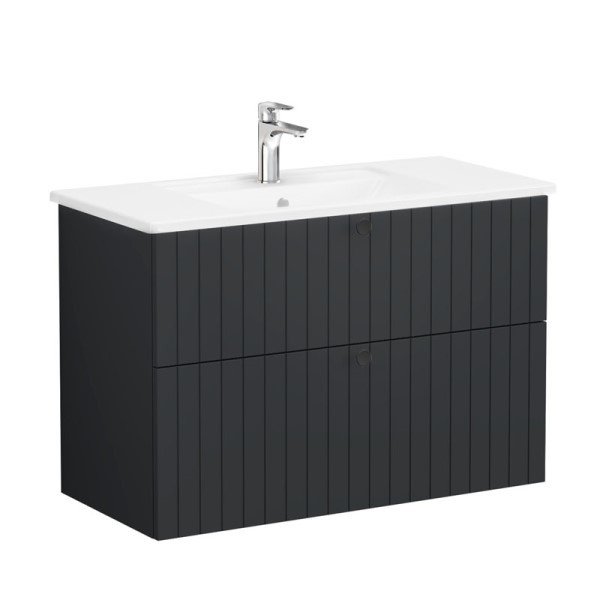 Vitra Root Groove 69454 Lavabo Dolabı, İki Çekmeceli, 100 Cm, Mat Grafit, Köşeli Lavabolu