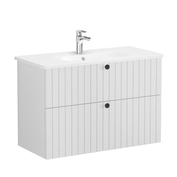 Vitra Root Groove 69458 Lavabo Dolabı, İki Çekmeceli, 100 Cm, Mat Açık Gri, Yuvarlak Lavabolu